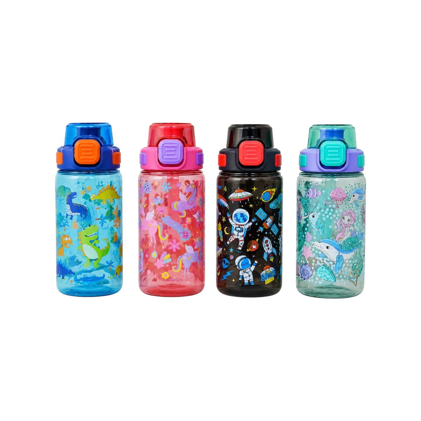 Elite Stationery House set of four colourful kids water bottles with strainers featuring dinosaur, unicorn, and space