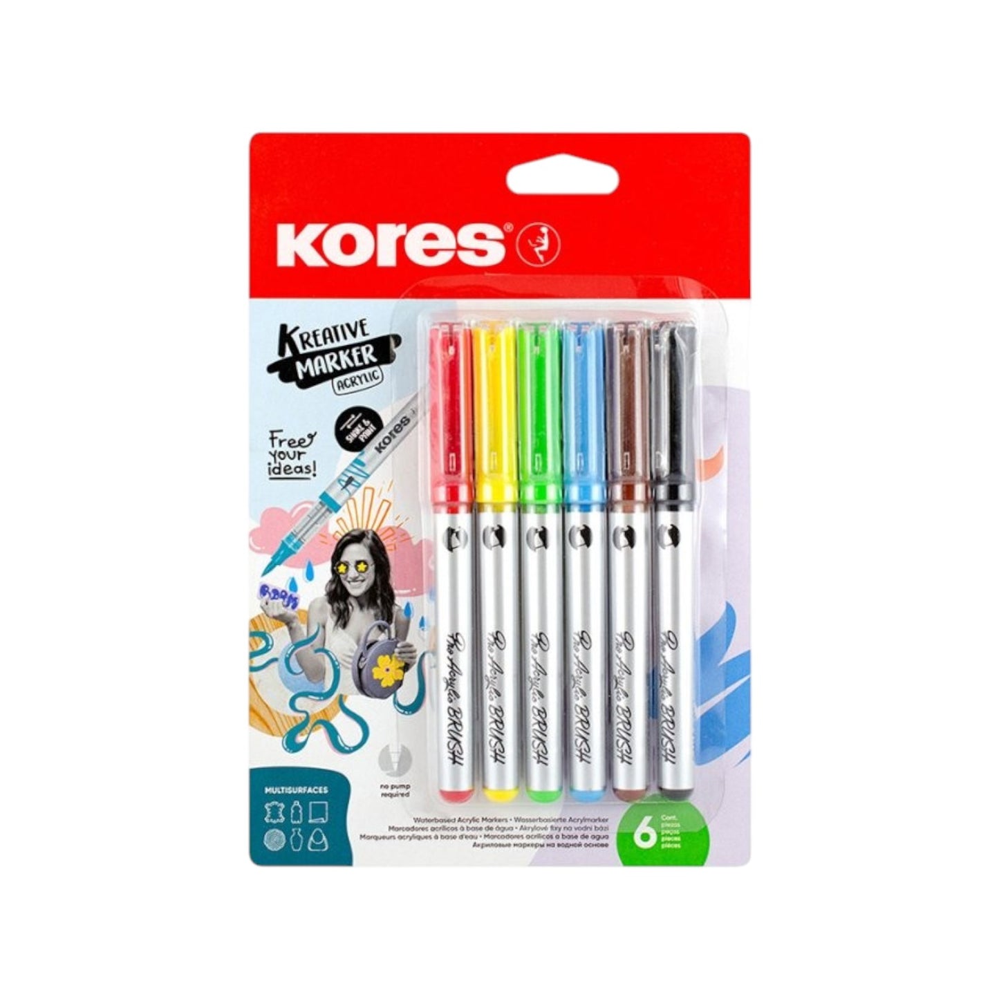 Elite Stationery House Kores Creative acrylic markers set of 6 with flexible brush tips and vibrant water-based ink