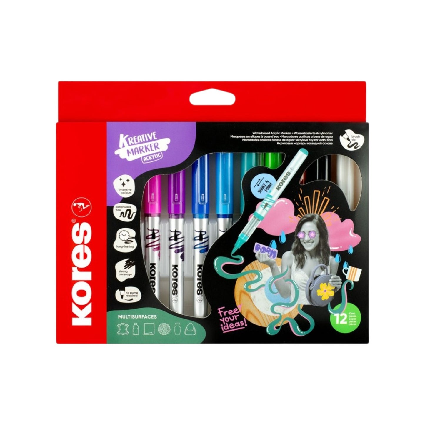 Elite Stationery House Kores Creative acrylic marker set with 12 vibrant colors and flexible brush tips in a box