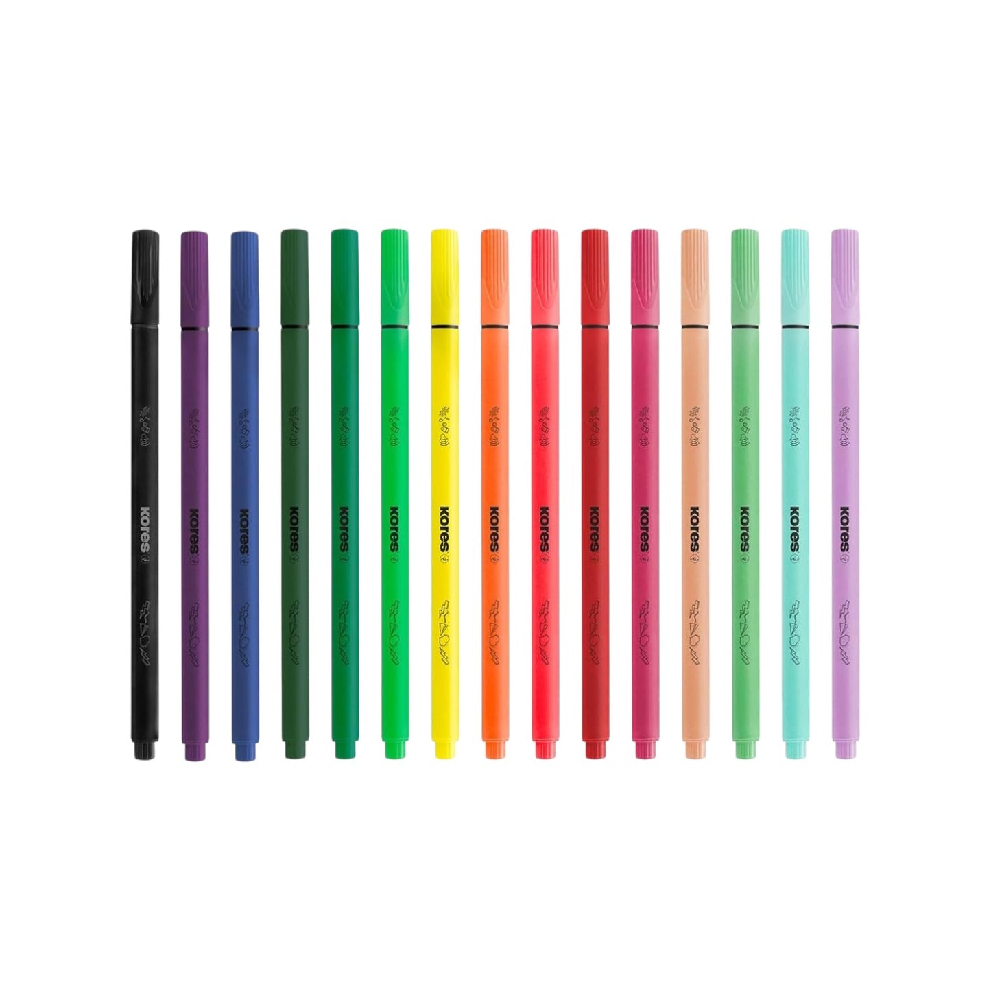 Elite Stationery House Kores K-Beats set of 15 vibrant felt tip pens with medium fibre tips for drawing and colouring.