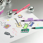 Elite Stationery House Kores K-Beats felt tip pens with vibrant drawings on paper and decorative disco balls