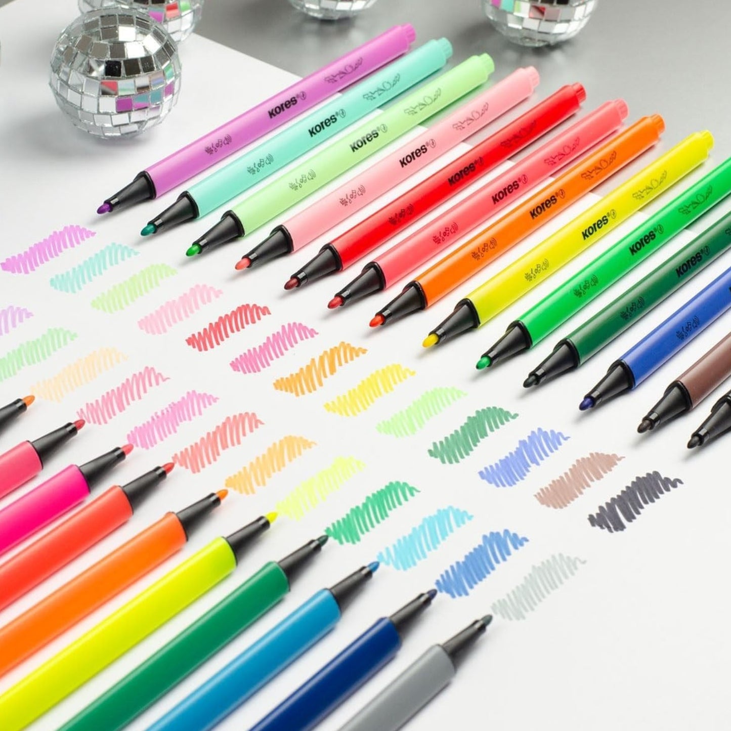 Elite Stationery House Kores K-Beats 15-piece felt tip pen set with vibrant ink swatches on white paper