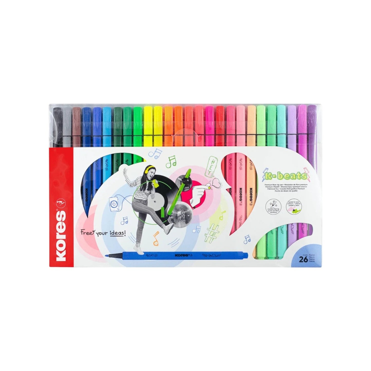 Elite Stationery House Kores K-Beats 26-piece felt tip pen set with vibrant assorted colours in clear plastic case