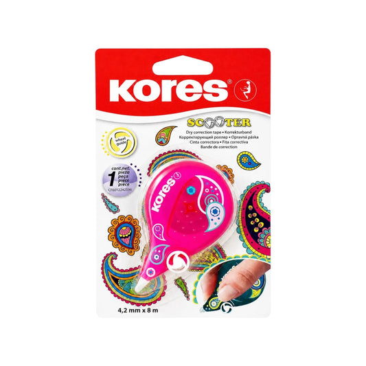 Elite Stationery House Kores Scooter fuchsia correction tape in packaging with paisley patterns and 4.2mm tip