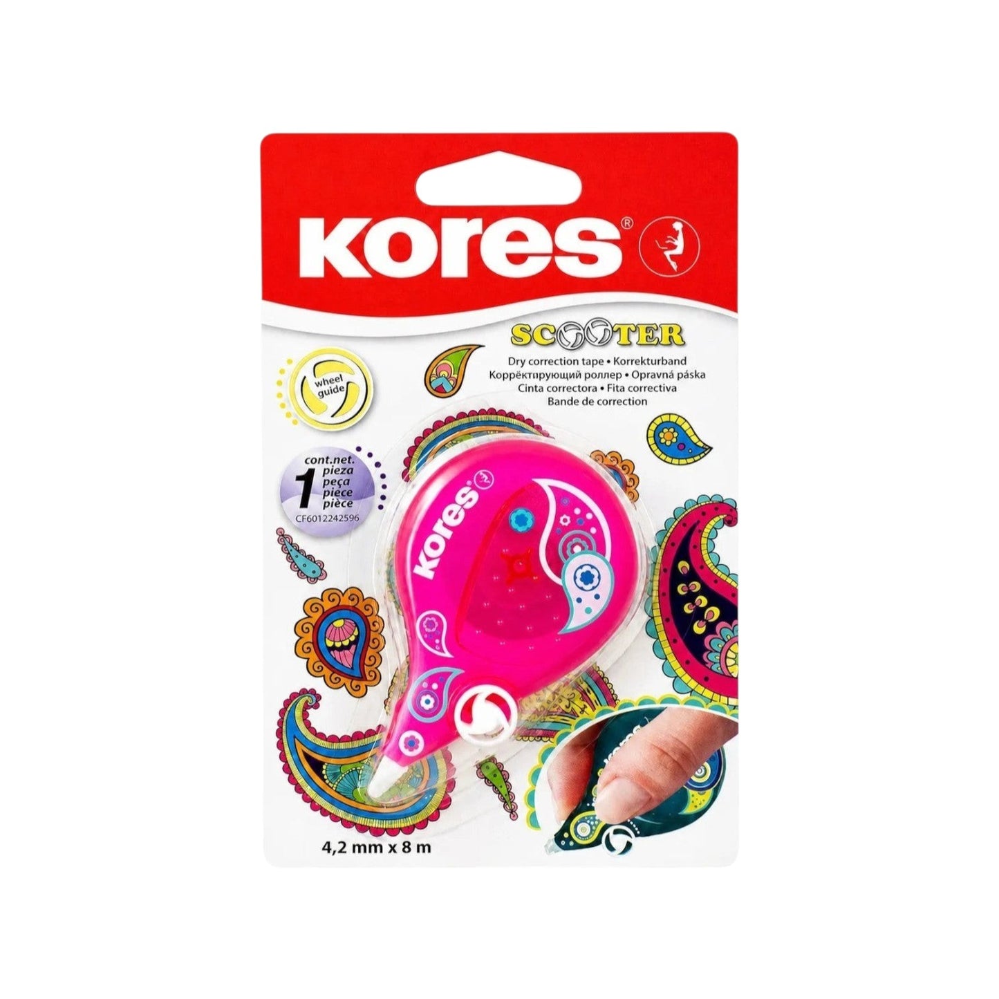 Elite Stationery House Kores Scooter fuchsia correction tape in packaging with paisley patterns and 4.2mm tip