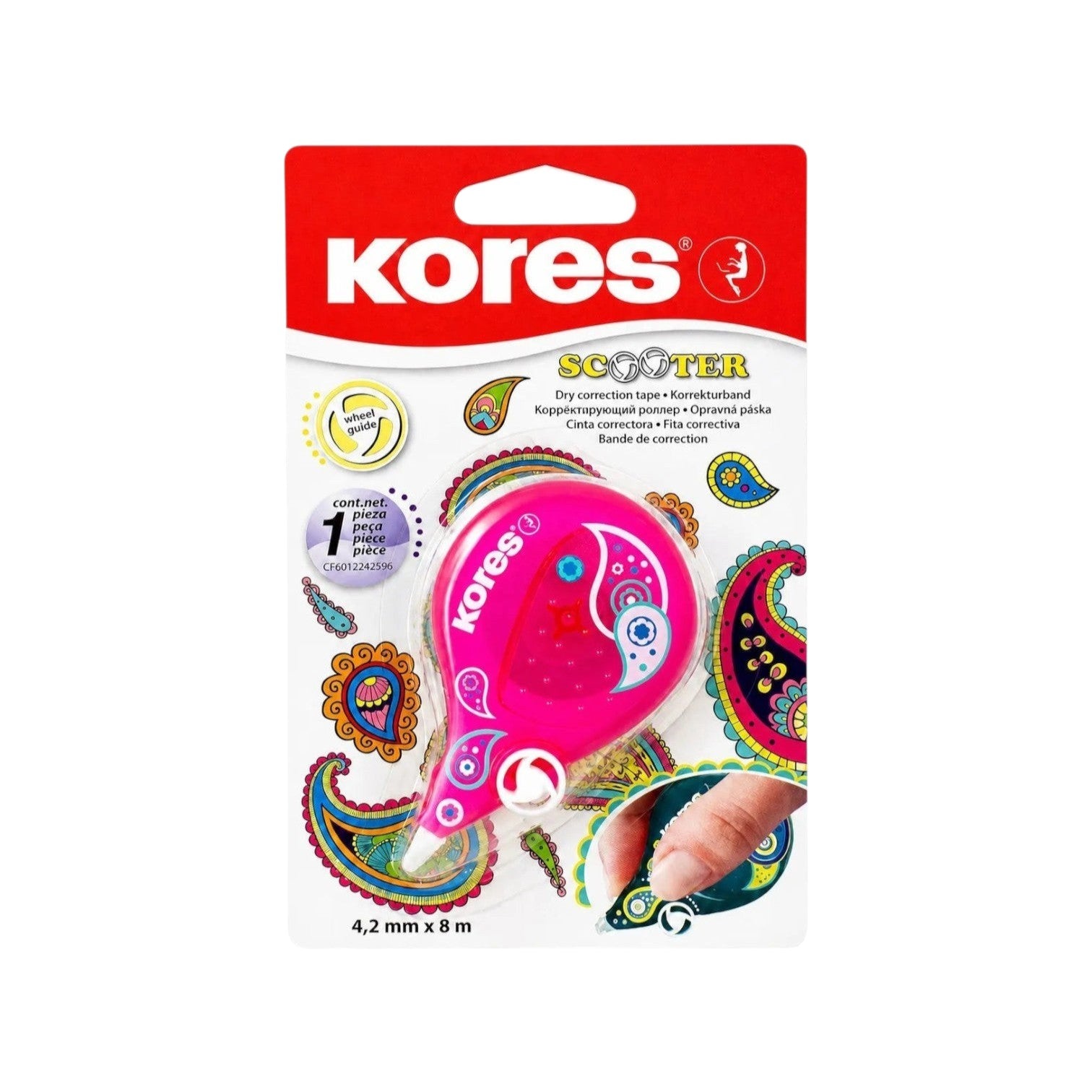 Elite Stationery House Kores Scooter fuchsia correction tape in packaging with paisley patterns and 4.2mm tip