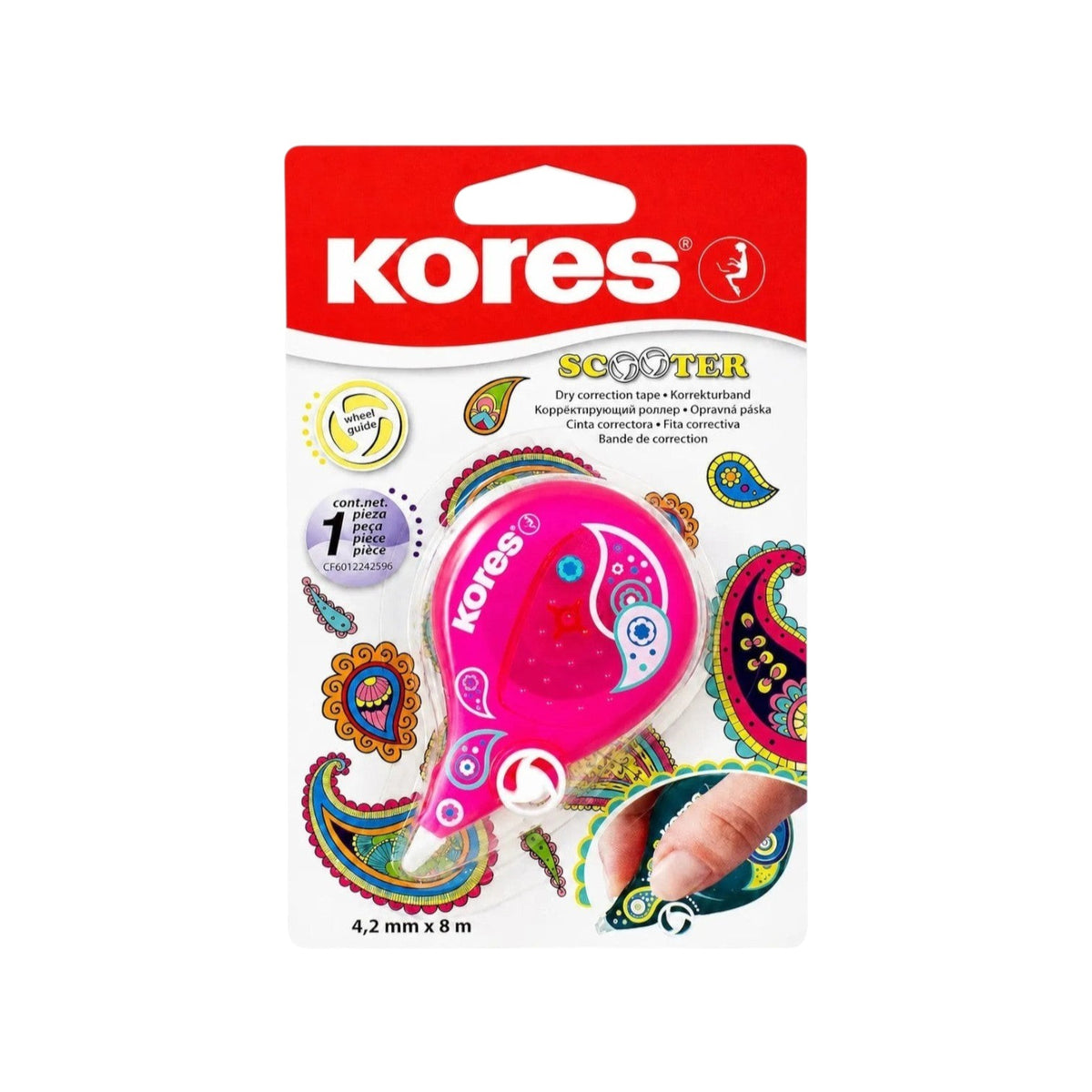 Elite Stationery House Kores Scooter fuchsia correction tape in packaging with paisley patterns and 4.2mm tip