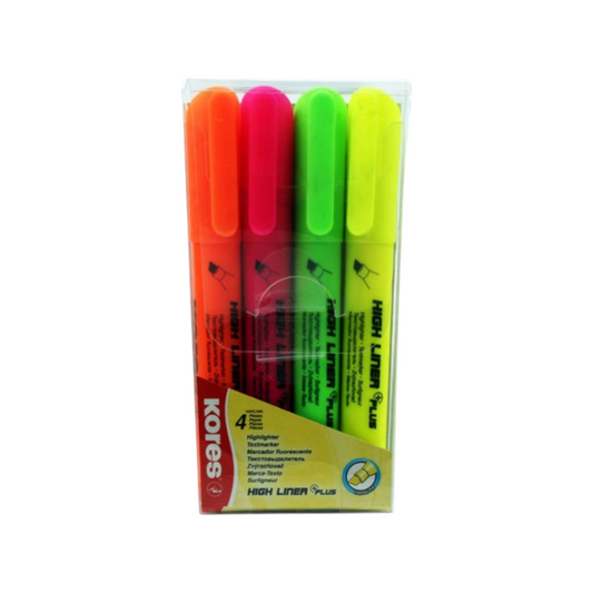 Elite Stationery House set of 4 Kores chisel tip highlighters in bright yellow, green, pink, and orange colors.