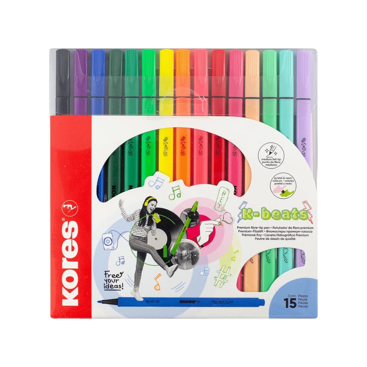 Elite Stationery House Kores K-Beats 15-piece felt tip pen set with vibrant neon and pastel colours in clear packaging