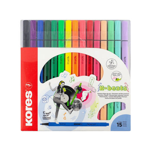 Elite Stationery House Kores K-Beats 15-piece felt tip pen set with vibrant neon and pastel colours in clear packaging