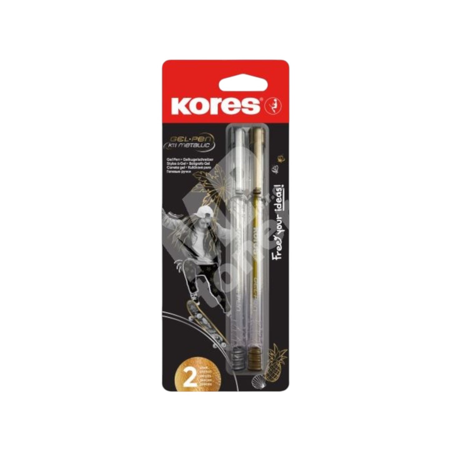 Elite Stationery House Kores metallic gel pens in silver and gold with 1mm tip on a retail display card