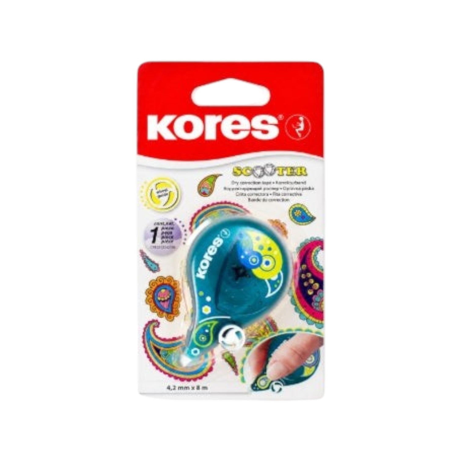 Elite Stationery House Kores Scooter correction tape in blue with paisley pattern on carded packaging