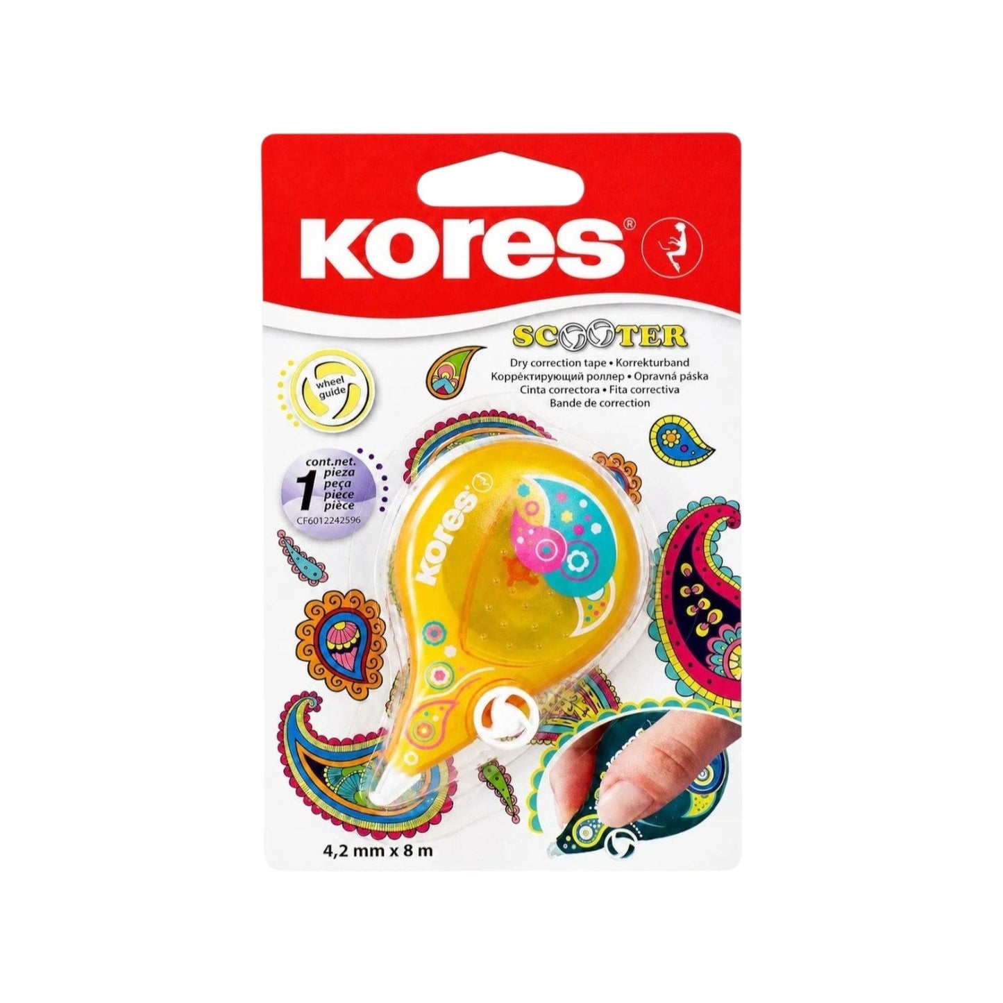 Elite Stationery House Kores Scooter correction tape in orange with colorful paisley patterns on carded packaging