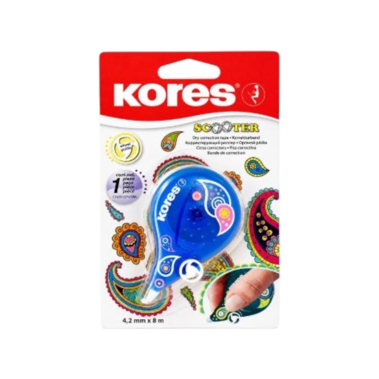 Elite Stationery House Kores Scooter correction tape in blue with paisley pattern on carded packaging