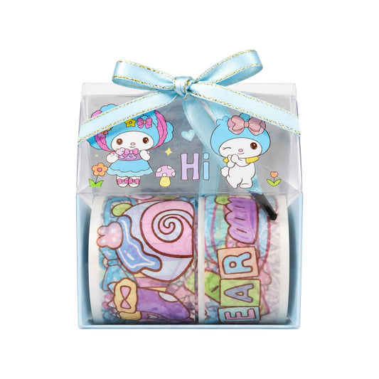 Elite Stationery House Labubu character washi tape set in a clear gift box with a blue ribbon bow