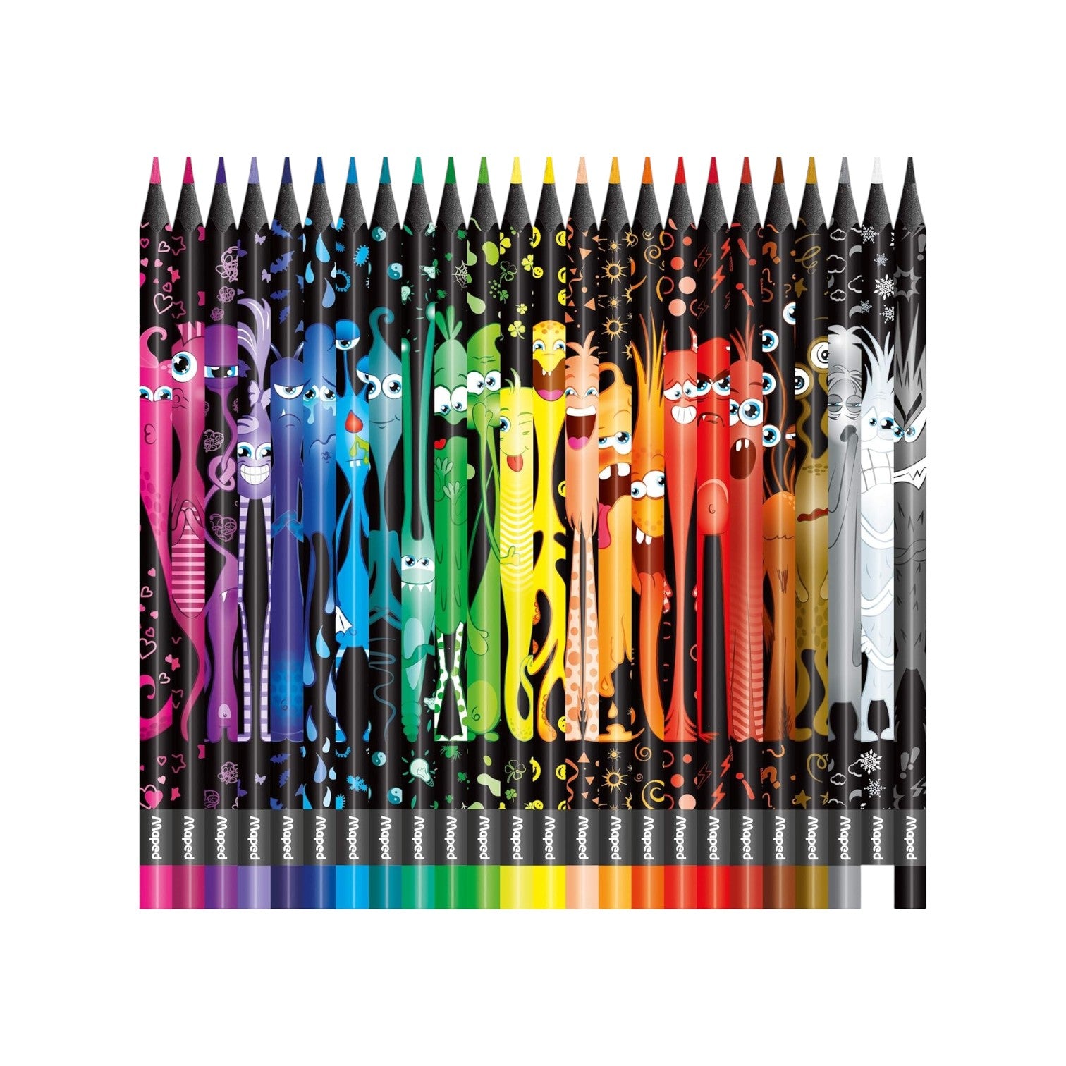 Elite Stationery House Maped Color Peps Monster Pencils, 24-pack with vivid colors and triangular grip.