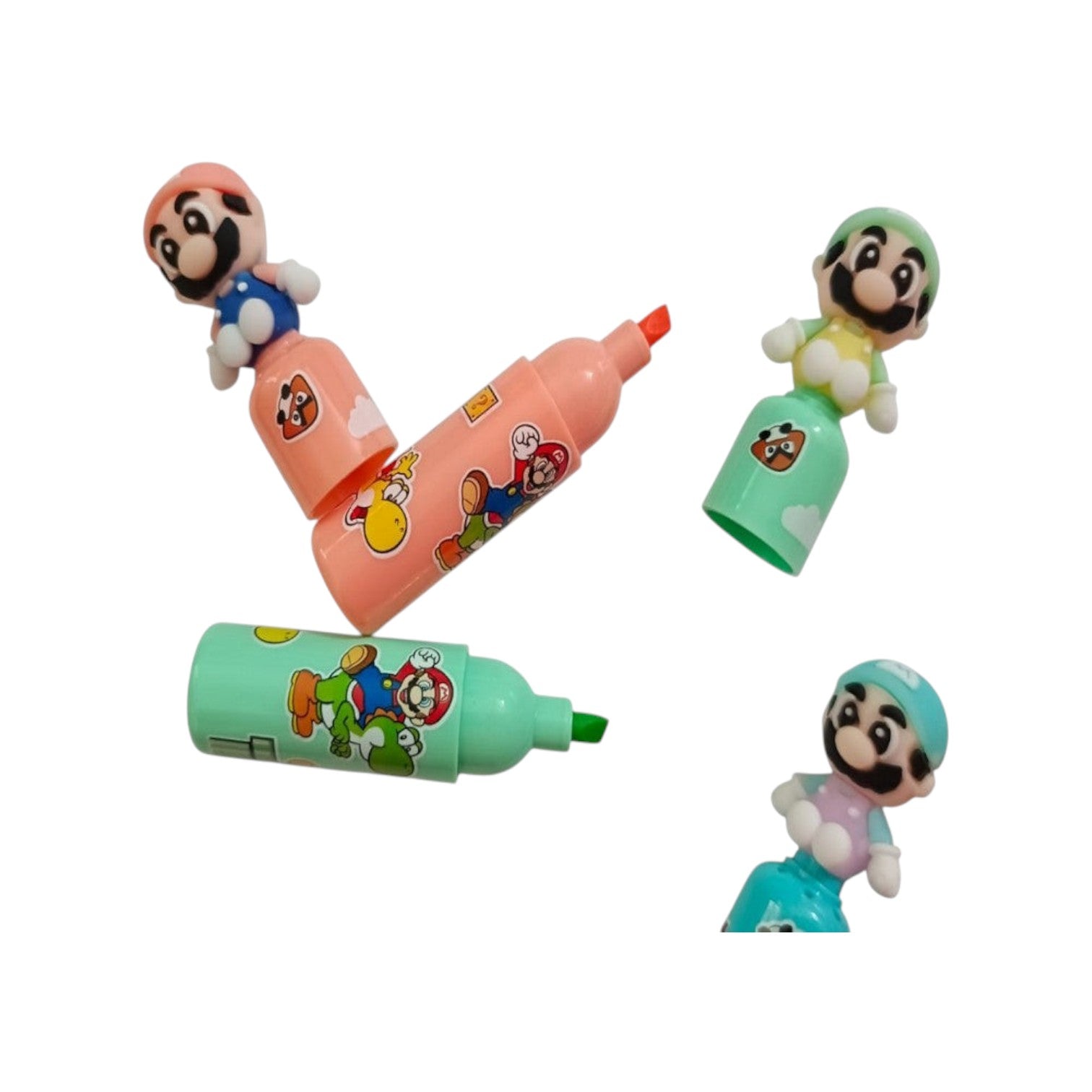 Elite Stationery House pastel mini highlighters featuring Super Mario character toppers in a 6-color set