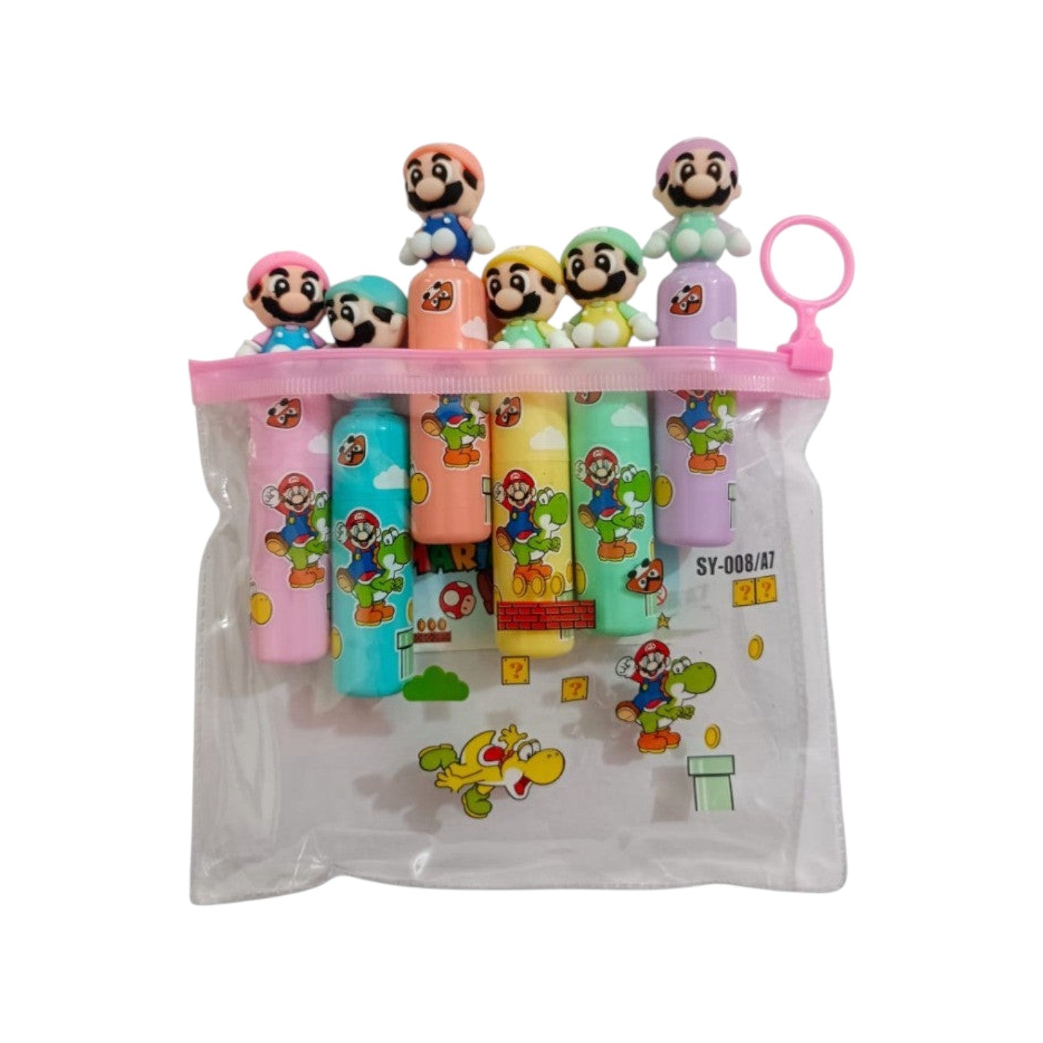 Elite Stationery House set of 6 pastel mini highlighters featuring Super Mario character toppers in a clear pouch