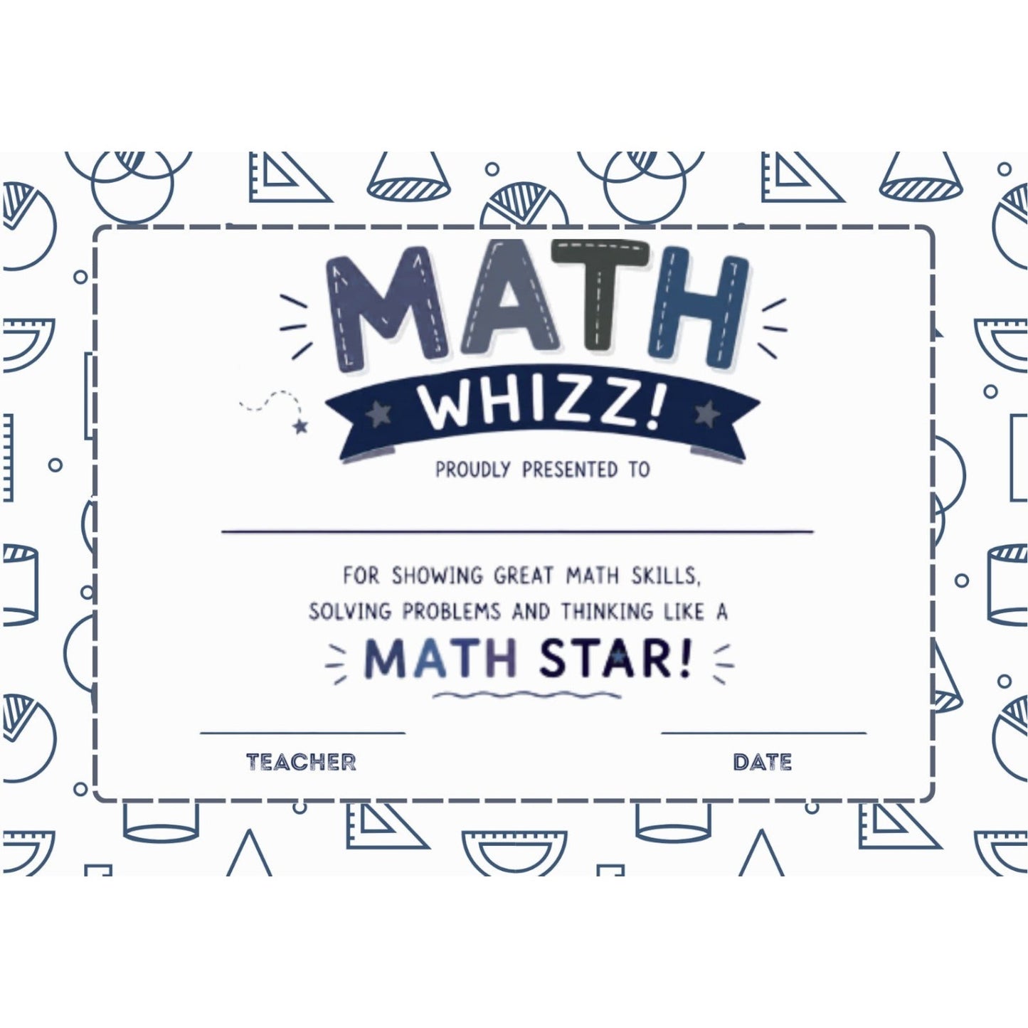 Elite Stationery House Math Star 2 certificate featuring blue math-themed icons and space for student details.
