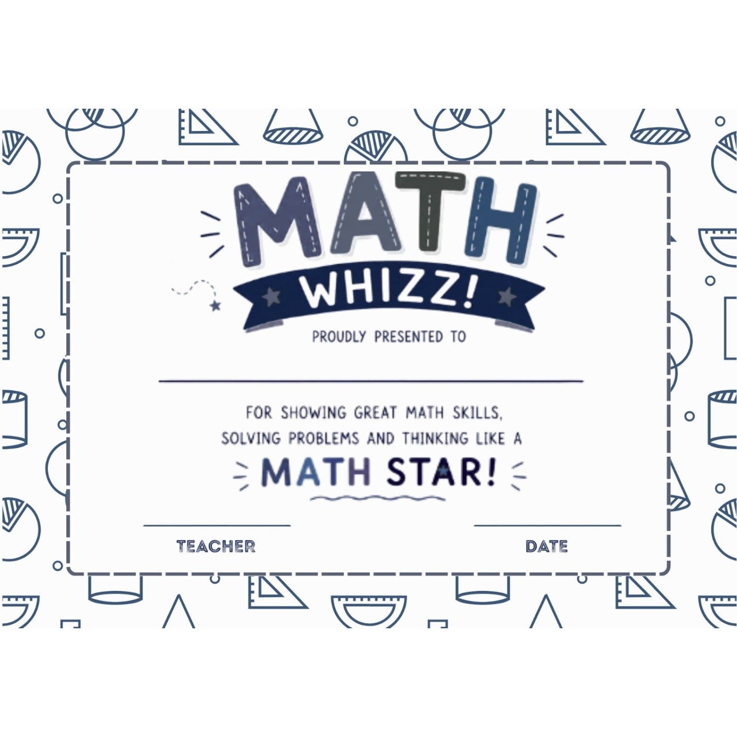 Elite Stationery House Math Star 2 certificate featuring blue math-themed icons and space for student details.