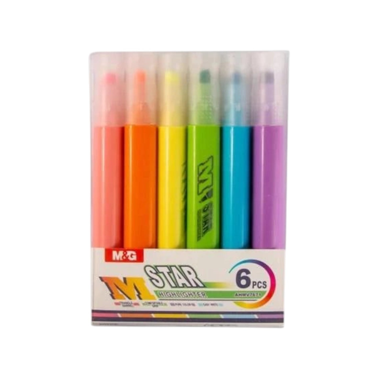 Elite Stationery House M&G M Star highlighter set featuring six vibrant assorted phosphorescent chisel tip markers