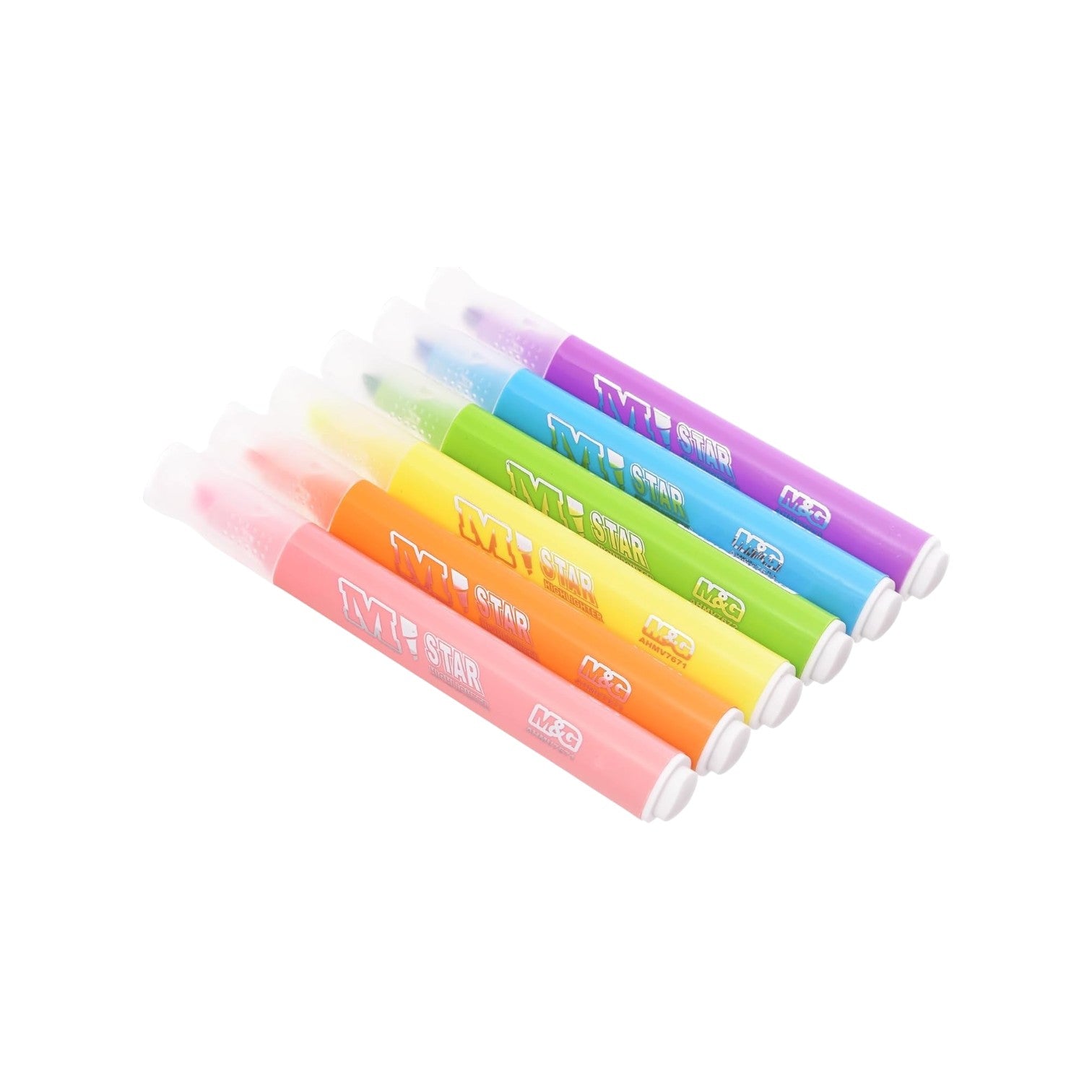 Elite Stationery House M&G M Star highlighter set featuring six vibrant phosphorescent markers with chisel tips.