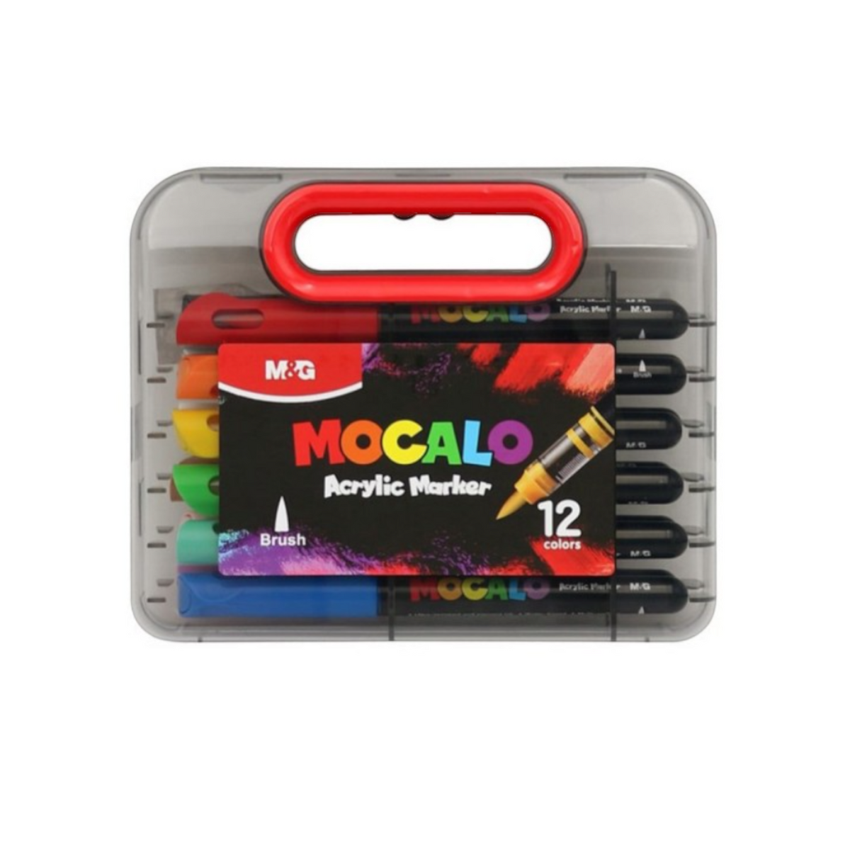 Elite Stationery House M&G MOCALO acrylic brush marker set of 12 vibrant colors in a clear plastic carry case
