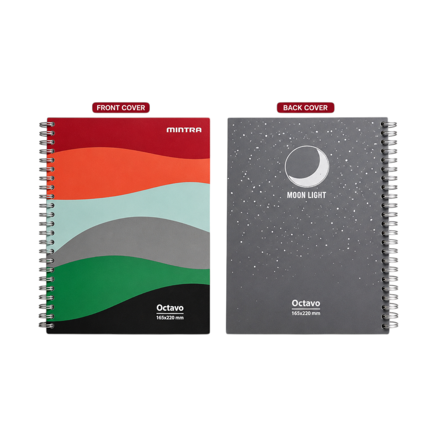 Elite Stationery House MINTRA Octavo wired notebook showing colorful abstract front cover and moon design back cover.