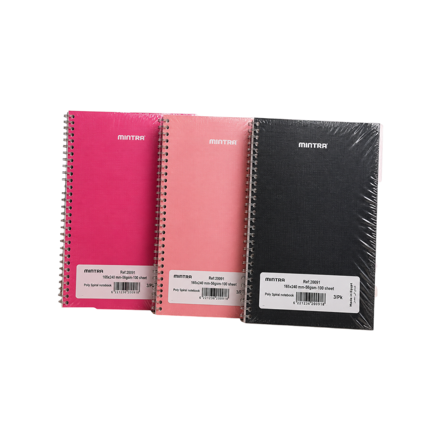 Elite Stationery House pack of three Mintra spiral notebooks with durable poly covers in pink, light pink, and black.