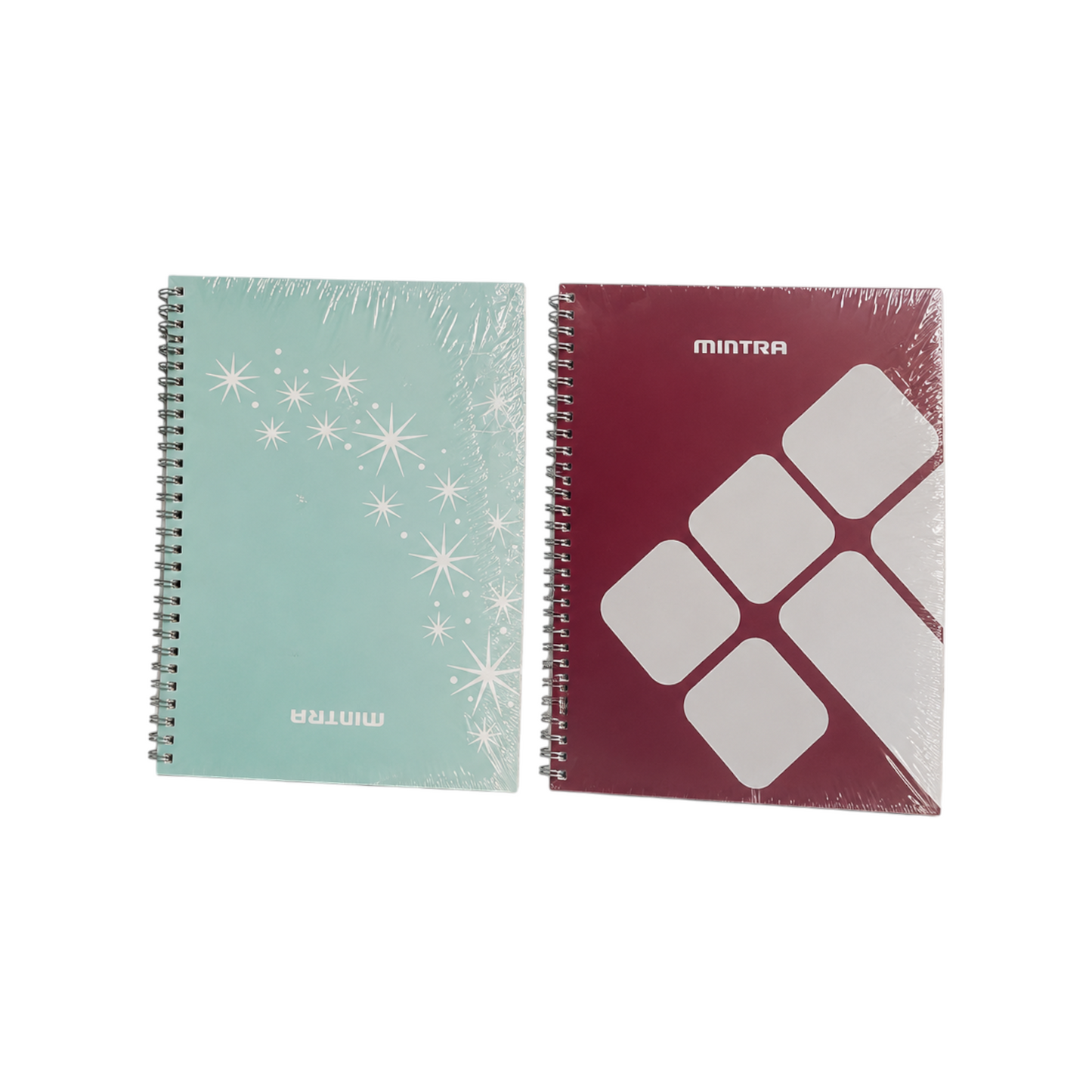 Elite Stationery House Mintra poly spiral notebooks in light blue with star pattern and maroon with geometric design.