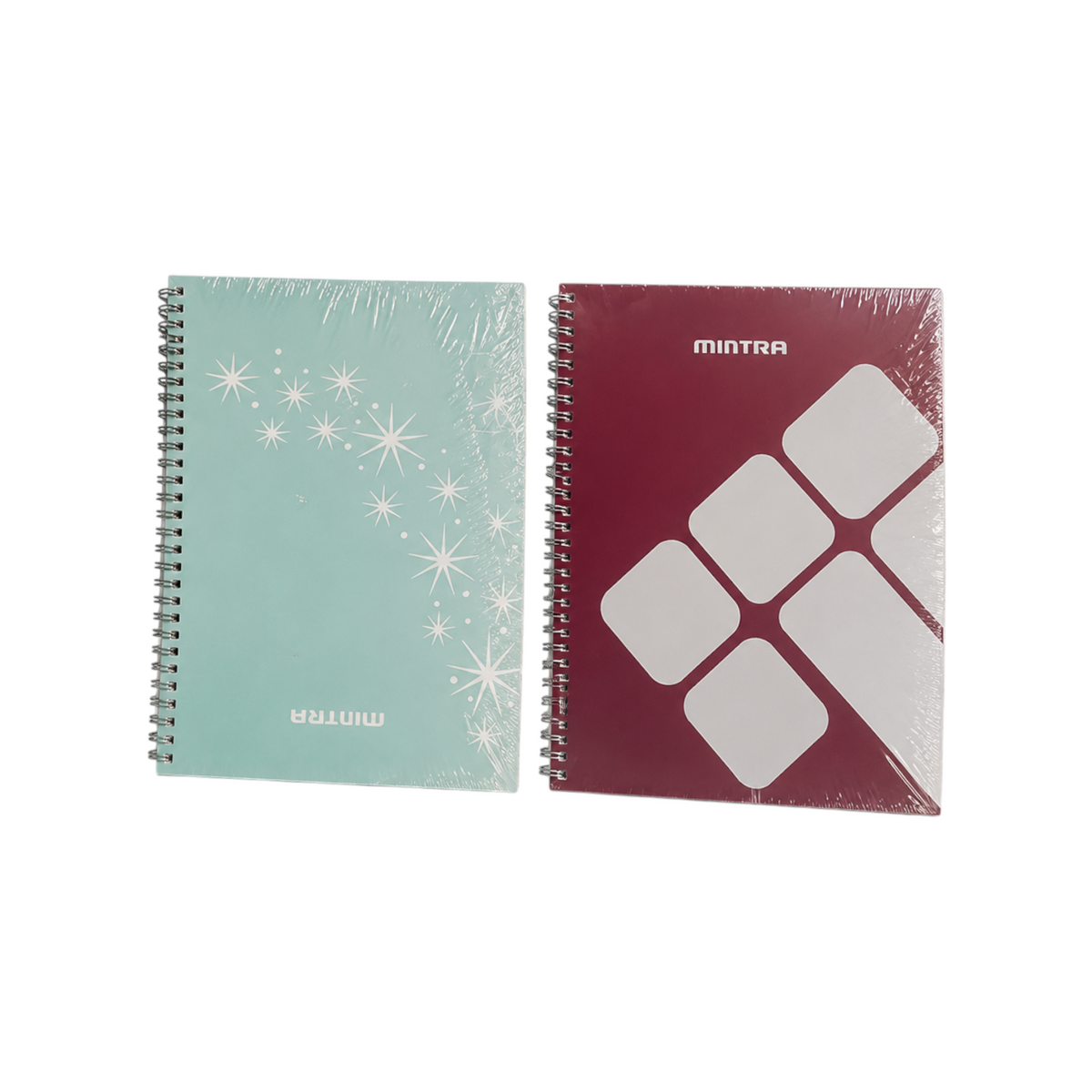 Elite Stationery House Mintra poly spiral notebooks in light blue with star pattern and maroon with geometric design.