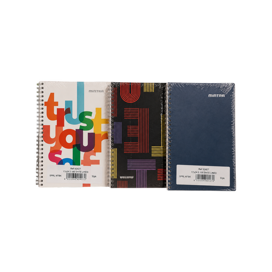 Elite Stationery House Mintra pack of 3 spiral-bound notebooks with durable poly covers and 100 lined sheets each.