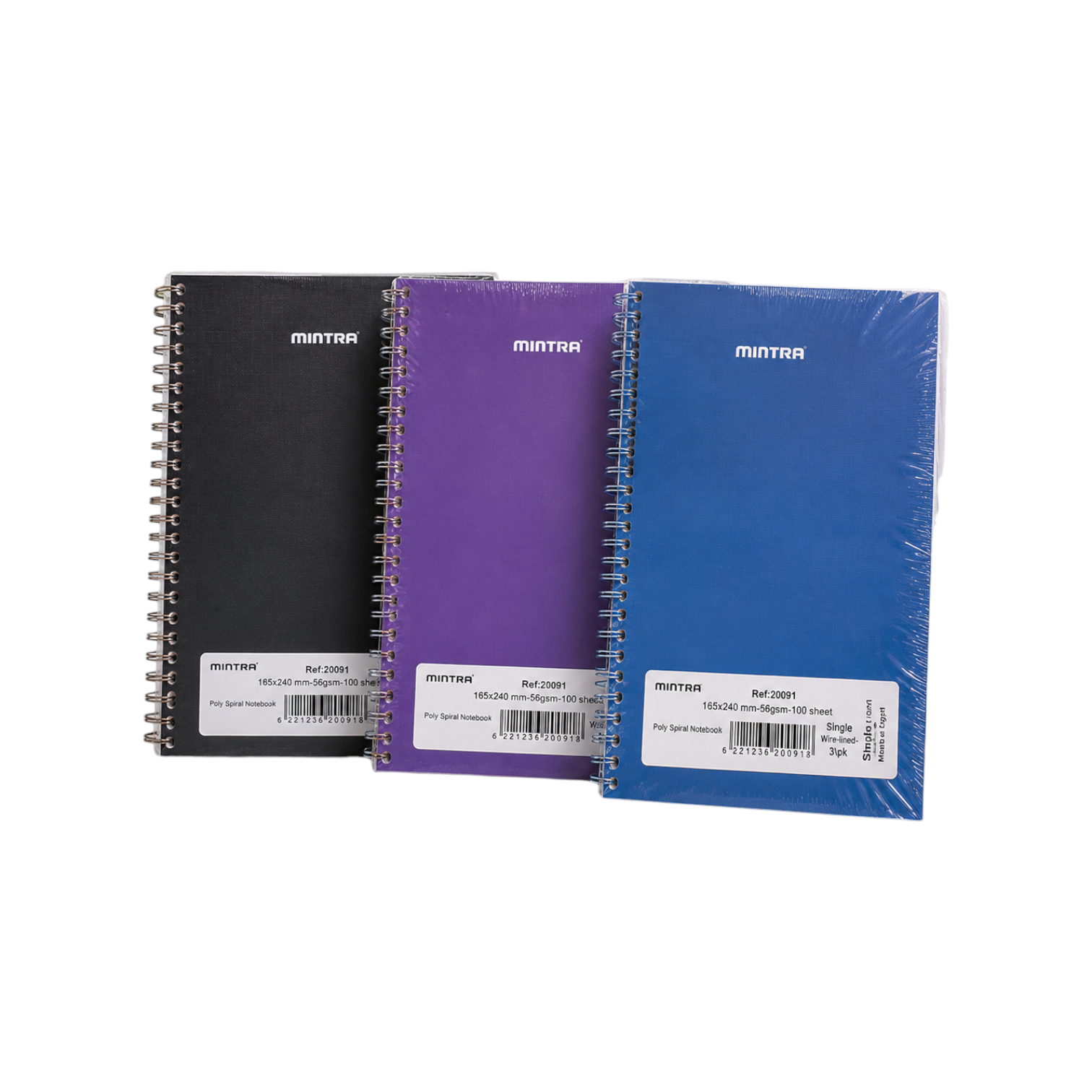Elite Stationery House pack of 3 Mintra poly spiral notebooks in black, purple, and blue with 100 lined sheets each.