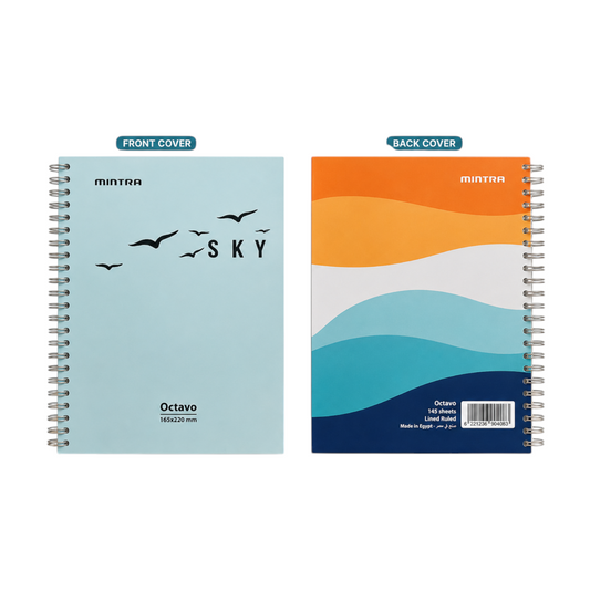 Elite Stationery House MINTRA Octavo wired notebook showing front cover with birds and back cover with wave design.
