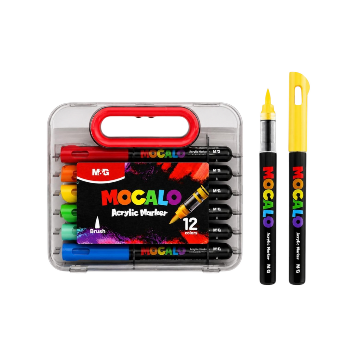 Elite Stationery House M&G MOCALO acrylic brush markers in a 12-color set with a clear carrying case