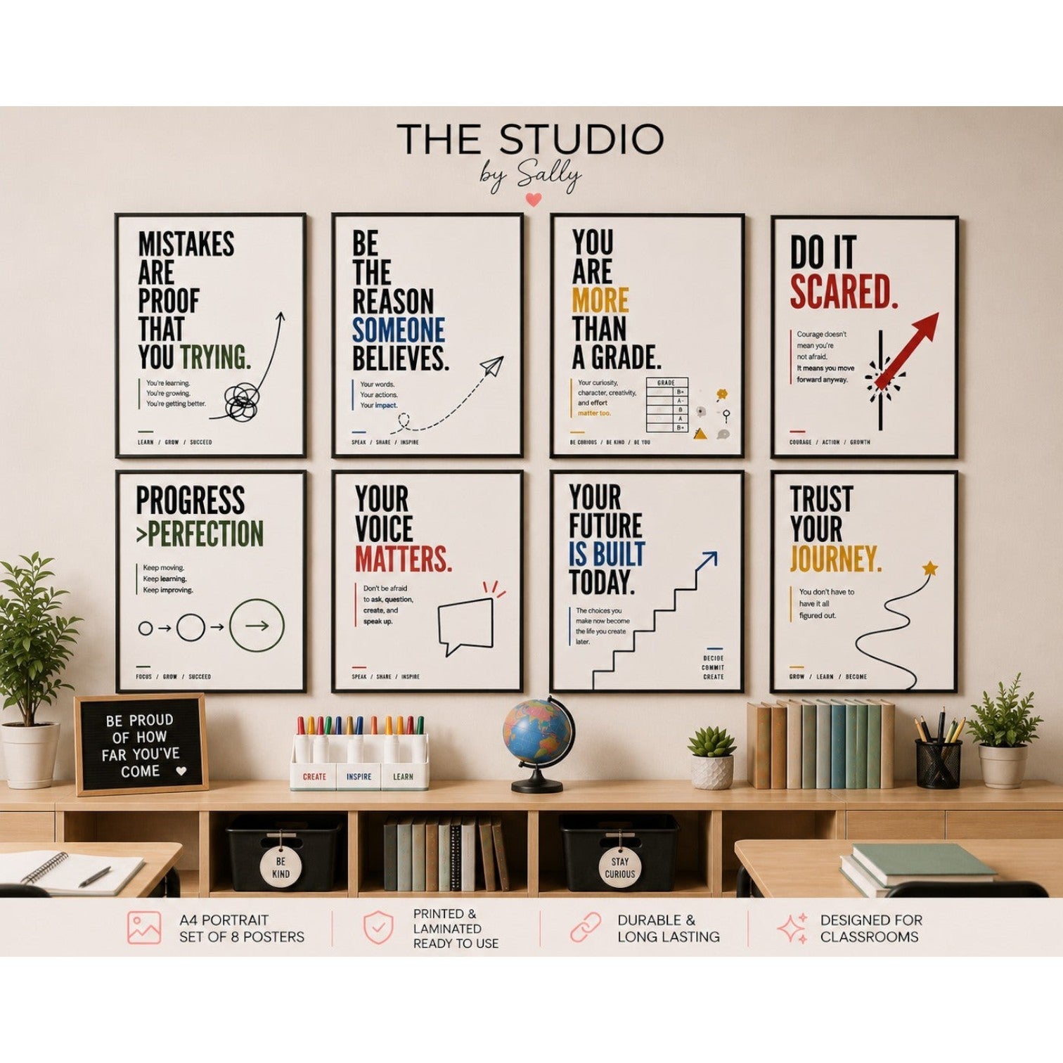 Elite Stationery House set of 8 A4 motivational classroom posters with minimalist typography and colorful accents.