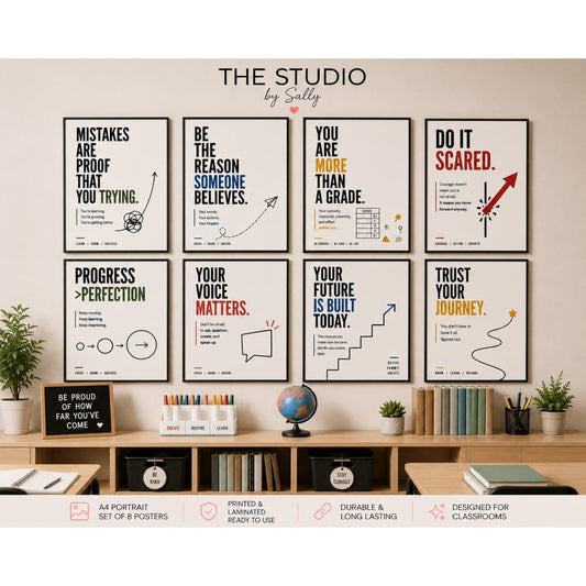 Elite Stationery House set of 8 A4 motivational classroom posters with minimalist typography and colorful accents.