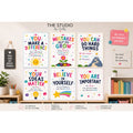 Elite Stationery House set of 8 colorful A4 motivational classroom posters with positive messages and illustrations.