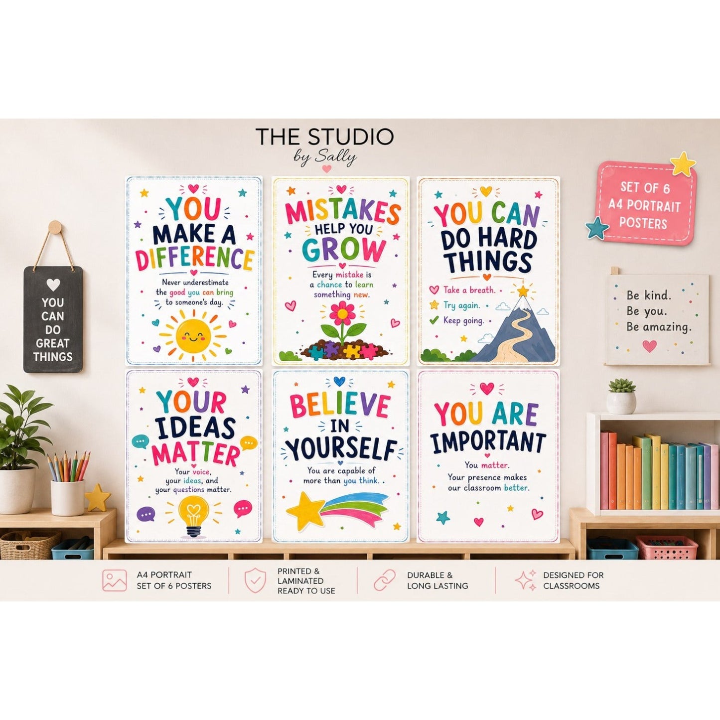Elite Stationery House set of 8 colorful A4 motivational classroom posters with positive messages and illustrations.