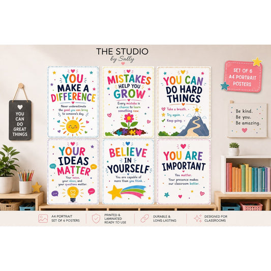 Elite Stationery House set of 8 colorful A4 motivational classroom posters with positive messages and illustrations.