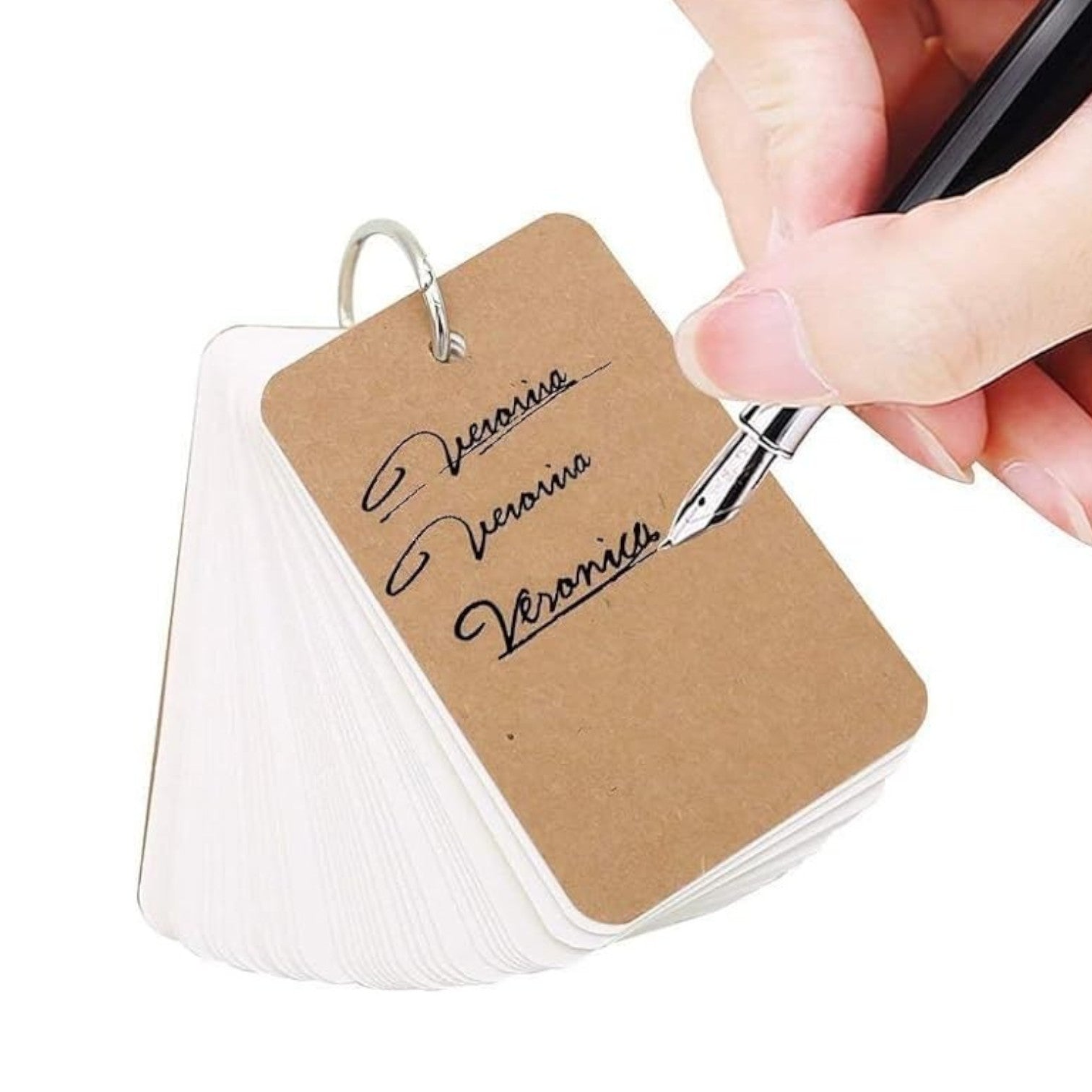 Elite Stationery House multicolor kraft paper study cards with a metal binder ring being written on with a fountain pen