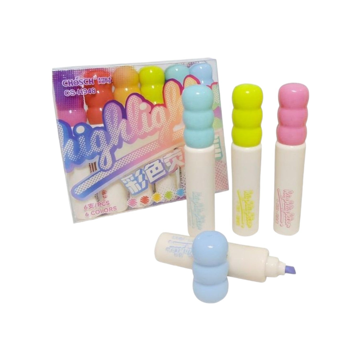 Elite Stationery House set of 6 neon highlighter pens in a clear plastic box with unique rounded cap designs