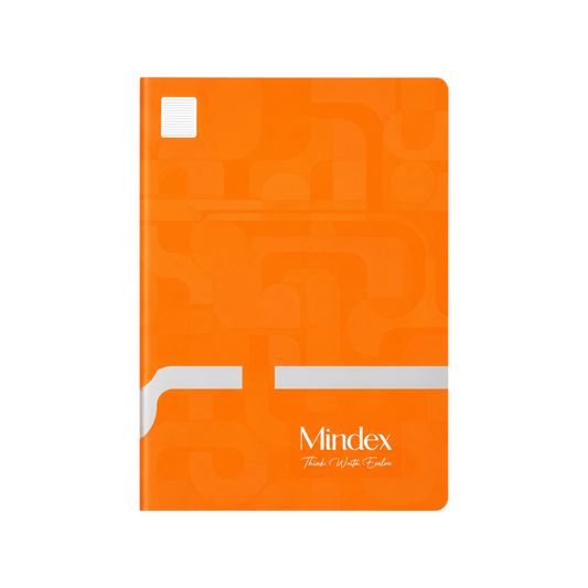 Elite Stationery House A4 softcover notebook in orange with a geometric pattern and Mindex branding
