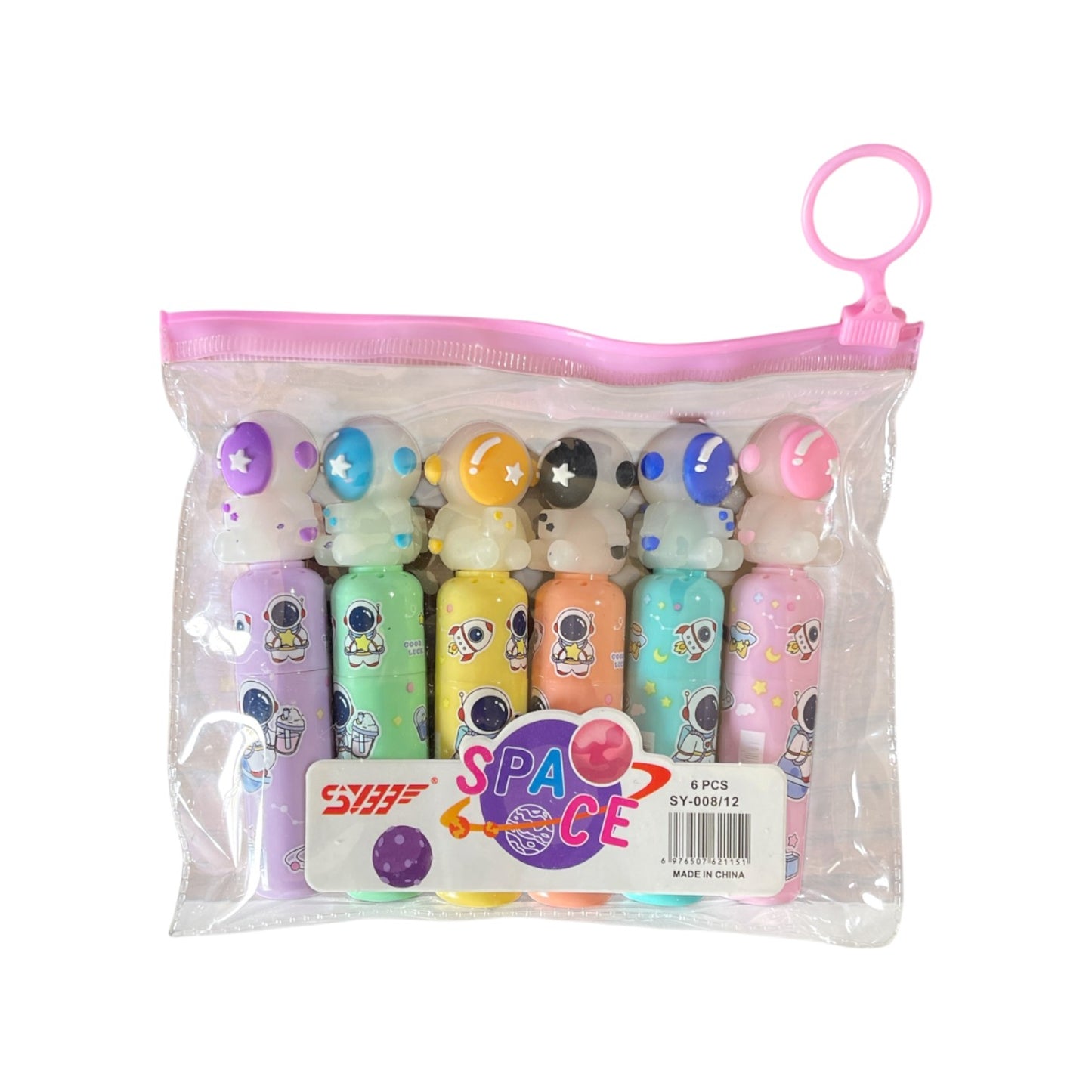 Elite Stationery House set of 6 pastel mini highlighters with cute astronaut character caps in a clear zipper pouch