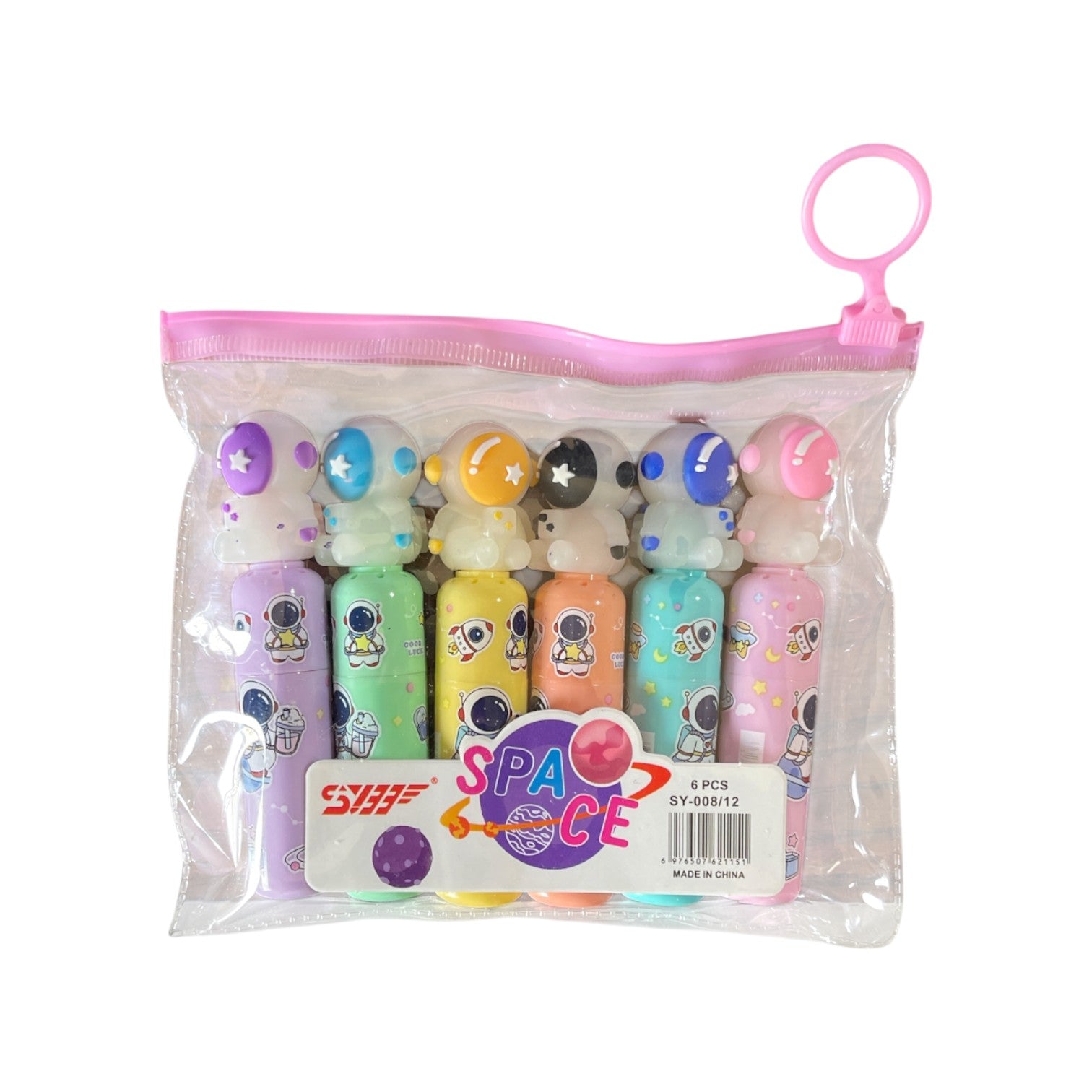 Elite Stationery House set of 6 pastel mini highlighters with cute astronaut character caps in a clear zipper pouch