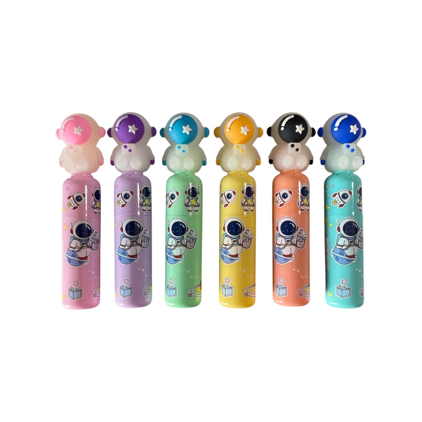 Elite Stationery House set of 6 pastel mini highlighters featuring cute astronaut caps and space-themed barrel prints