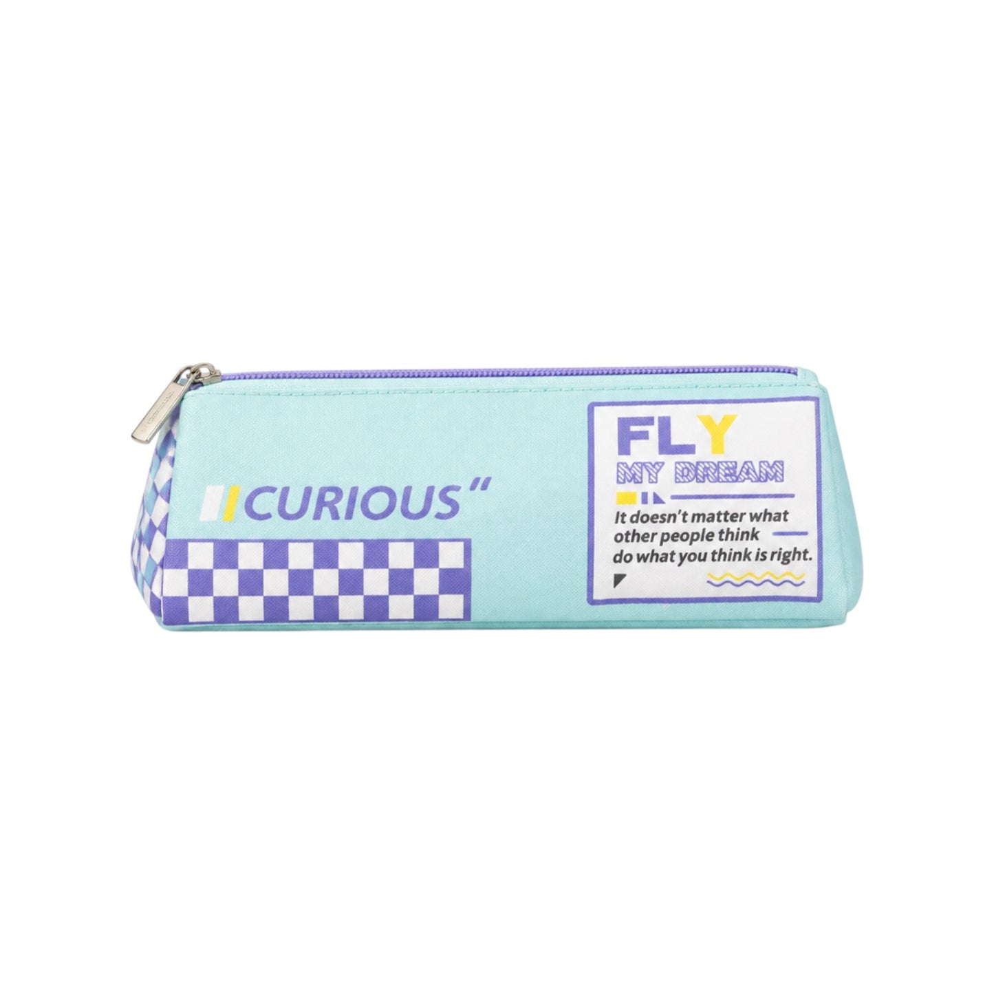 Elite Stationery House Curious pencil case in pastel blue with purple checkered pattern and motivational text print.
