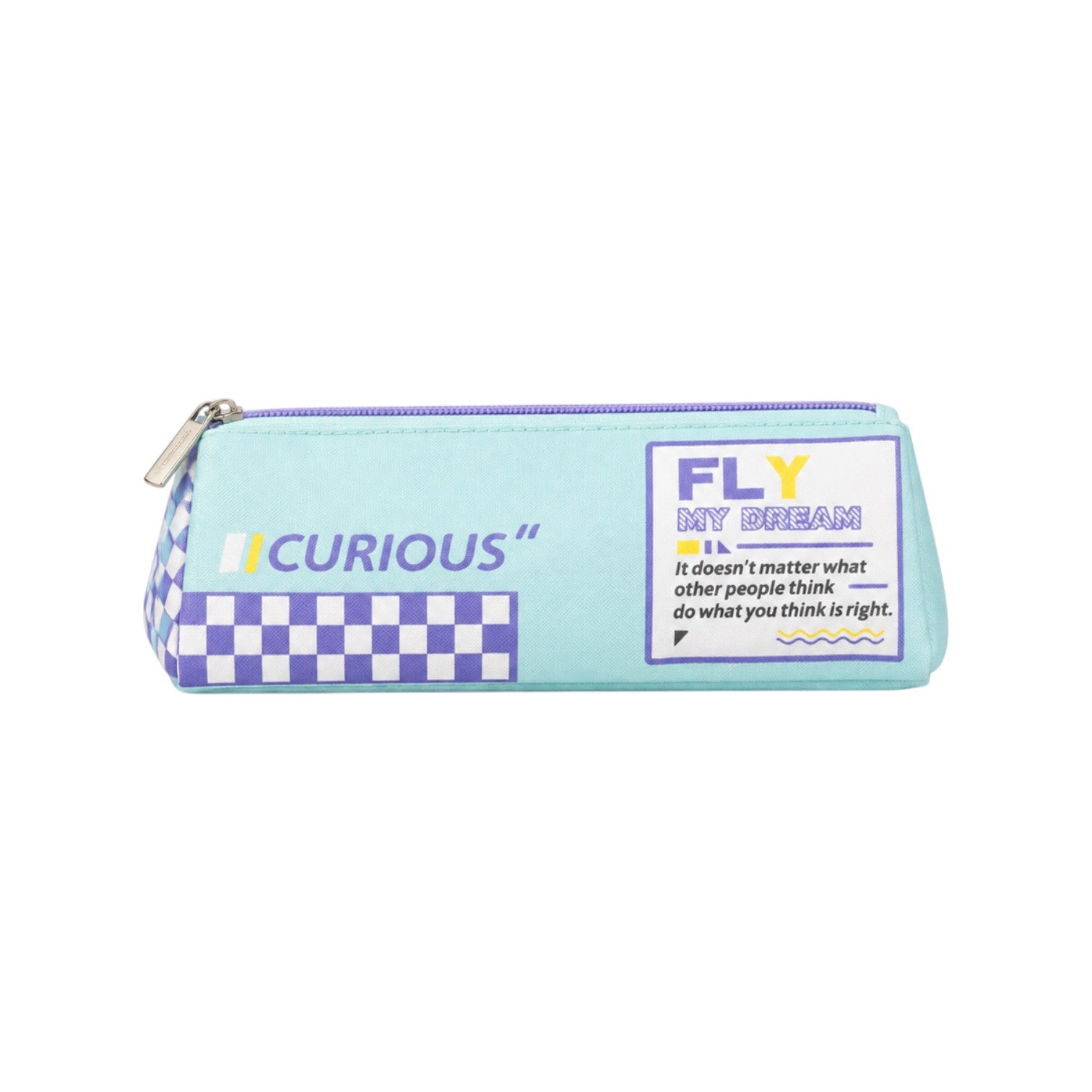 Elite Stationery House Curious pencil case in pastel blue with purple checkered pattern and motivational text print.