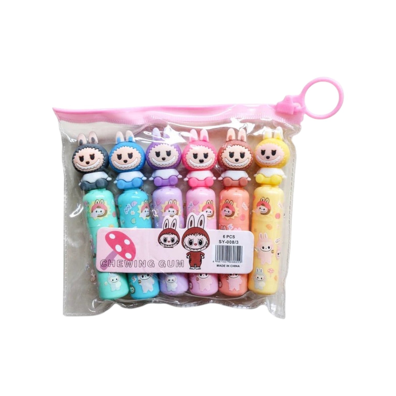Elite Stationery House set of 6 pastel mini highlighters with cute cartoon animal character toppers in a pink pouch