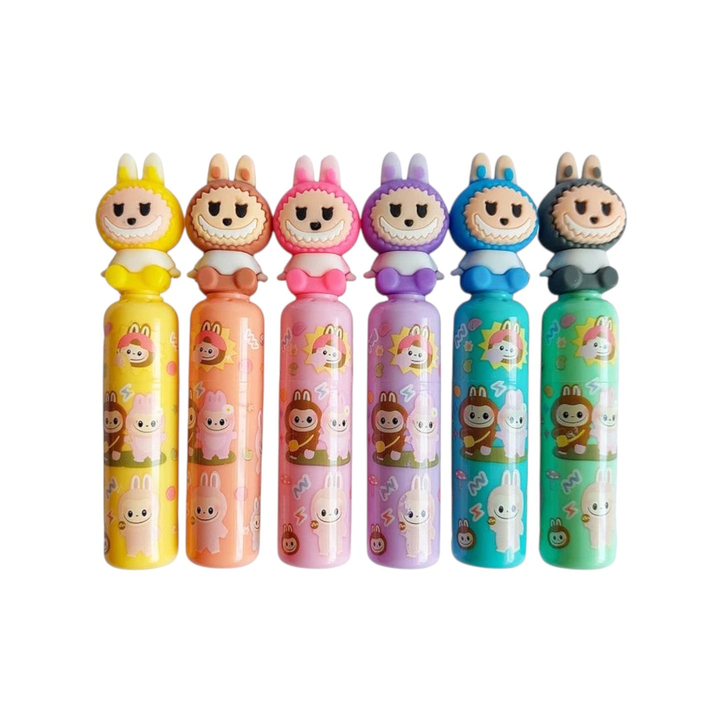 Elite Stationery House set of 6 pastel mini highlighters with cute cartoon character toppers and patterned barrels